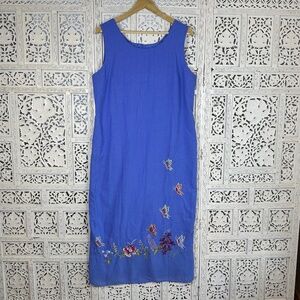 Vtg 2000's Periwinkle Blue Floral Butterfly Embroidered Sleeveless‎ Maxi Dress